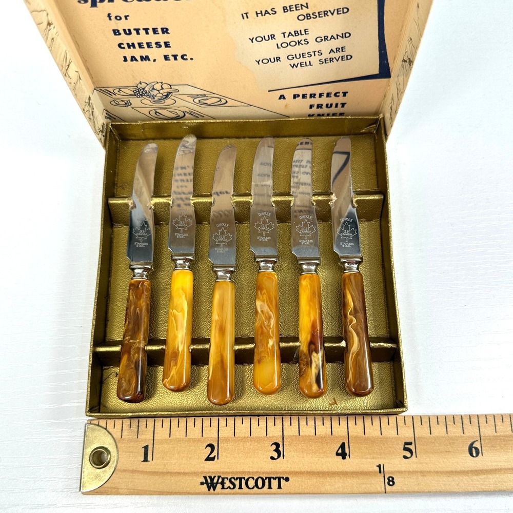 Mid Century Dinkee Knives Set 6 G.H. Canada Stainless Steel Spreaders in Box - Picture 10 of 10